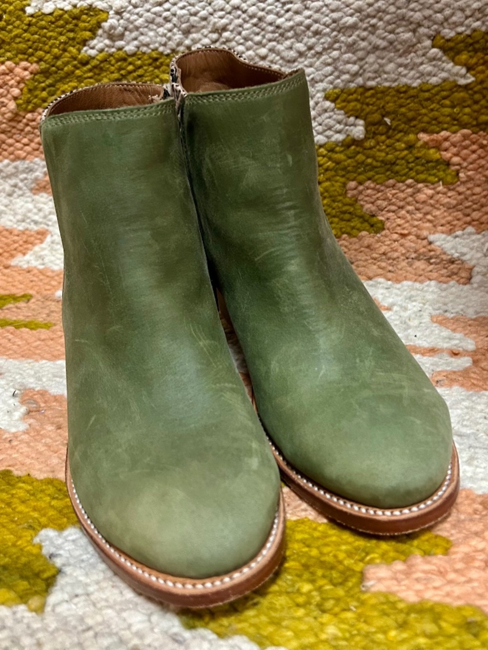 Two-tone olive leather boots from The Root Collective, Size 7